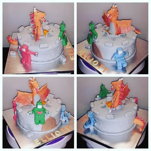 Gâteau en forme de château gris avec un dragon orange et des chevaliers colorés, vu sous quatre angles