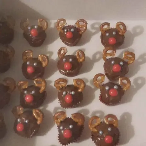 Bouchées au chocolat en forme de rennes, avec des bois en bretzel et un nez rouge