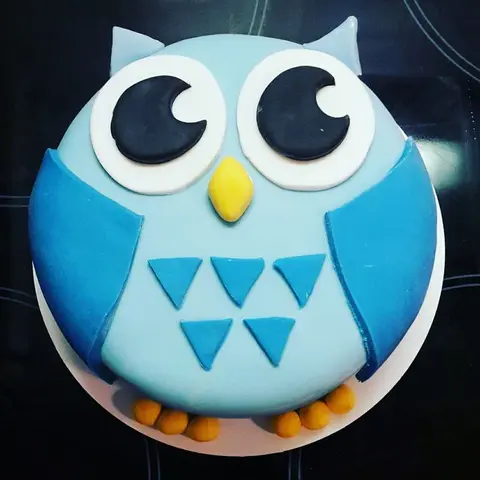 Gâteau rond en forme de hibou bleu aux grands yeux blancs et au bec jaune