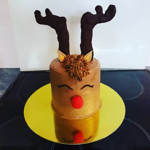 Gâteau en forme de renne aux bois en chocolat et au nez rouge