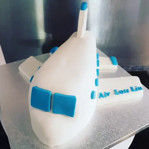Gâteau en forme d'avion blanc aux hublots bleus