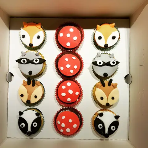 Boîte de cupcakes en forme de renards, de ratons laveurs, de blaireaux et de champignons rouges