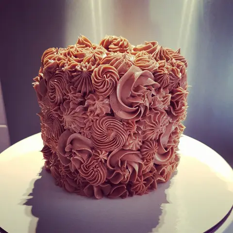 Gâteau haut entièrement couvert de rosaces de crème au chocolat