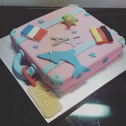 Gâteau en forme de valise rose avec un dauphin, une tortue et deux drapeaux