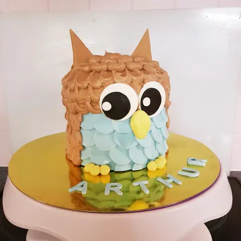 Gâteau en forme de hibou, plumes brunes pochées à la crème et ventre bleu