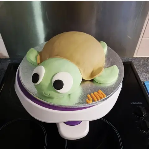 Gâteau tortue à carapace beige et tête verte aux grands yeux, posée sur un plateau argenté avec un prénom