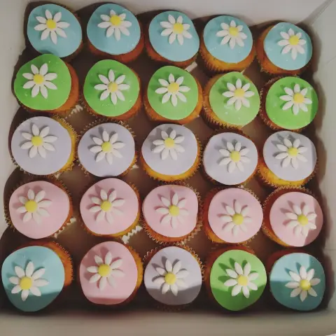 Boîte de vingt-cinq cupcakes nappés de bleu, vert, lilas et rose, chacun orné d'une marguerite
